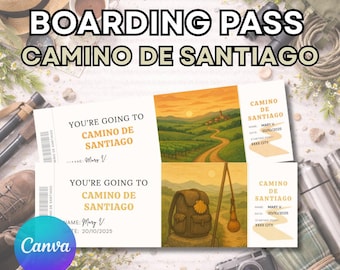 Camino de Santiago boarding pass, editable boarding pass gift ticket, editable surprise gift in Canva, Camino de Santiago trip reveal