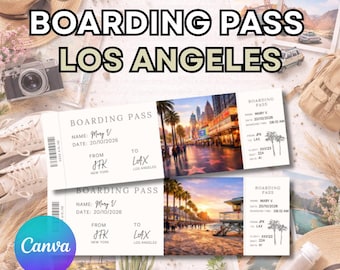Los Angeles California USA boarding pass, editable boarding pass gift ticket, editable surprise gift in Canva, travel ticket template