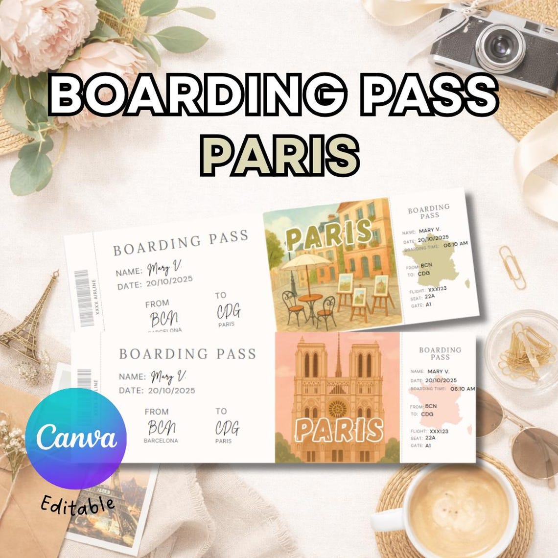 Boarding pass para regalar un viaje sorpresa a Paris