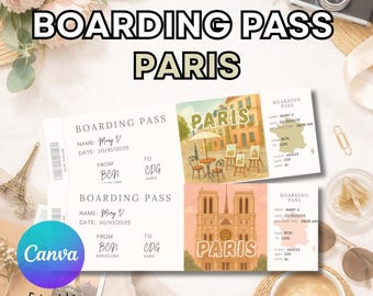 Paris boarding pass, editable boarding pass gift ticket, editable and printable surprise gift in Canva, Paris ticket, surprise trip reveal