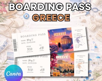 Greece boarding pass, editable boarding pass gift ticket, editable surprise gift in Canva, Greece travel ticket template, plane ticket