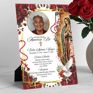May include: A memorial card with a photo, text, and religious imagery, framed by red roses. A vase of red roses sits to the right. The card includes the text "Amorose De" and "Pedro Antonio Vargas".