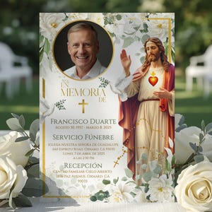 スペインのカトリック記念碑の招待状白いバラの緑、プランティラ パラ エル ヘスス クリストの葬儀、記念碑編集可能な Canva ダウンロード SC4