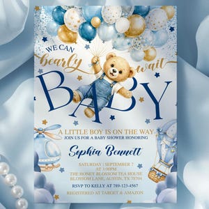 We Can Bearly Wait Baby Shower Invitation: Blue Teddy Bear Baby Boy Invite, Editable Canva Template (Digital Download) WCB1