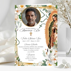 May include: A folded memorial card with a portrait of a man, floral and religious imagery. The card features text in Spanish, including the name "Pedro Antonio Rios" and the dates "Julio 3, 1937 - Marzo 11, 2025". Decorative elements include a cross, rosary beads, and an image of the Virgin Mary.