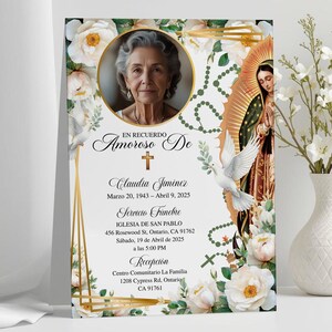 May include: A memorial card featuring a portrait of an elderly woman, framed by white roses and gold geometric designs. The card has Spanish text, including the name "Claudia Jimenez" and dates, plus funeral service details.