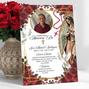 May include: A memorial card with a photo of a man, surrounded by red roses and floral accents. The card includes text in Spanish, a gold geometric frame, and an image of the Virgin Mary.
