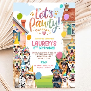 Let’s Pawty Dog Birthday Invitation Editable Canva Template, Puppy Party Invite Printable Digital Download Kids Any Age Dog Theme - LDB1