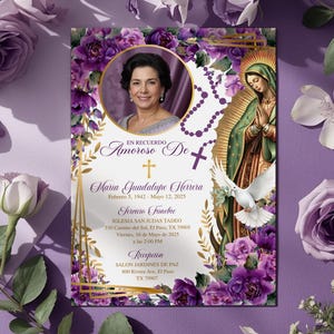May include: A memorial card with a portrait of a woman, surrounded by purple flowers and religious imagery. The card includes text in Spanish, with dates and locations. The design features gold accents and a dove.