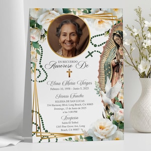 May include: A memorial card featuring a portrait of a woman, framed by white roses and gold detailing. The card has Spanish text, including dates and locations for a memorial service.