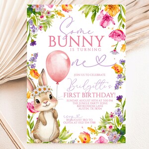 May include: A floral-themed birthday invitation with the text "Some Bunny is Turning One." The invitation features a watercolor illustration of a bunny with a flower crown and a pink balloon. The invitation is for a first birthday.