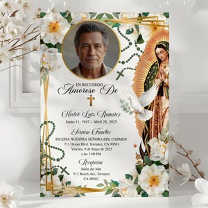 May include: A memorial card featuring a portrait of a man, with floral and religious decorations. The card contains Spanish text, detailing a funeral service, including the date, time, and location.