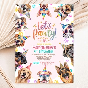 Rainbow Girl Dog Birthday Invitation: Let’s Pawty Puppy Party Invite, Girls Birthday Invites Dog Lover (Editable Canva Template) LDB2