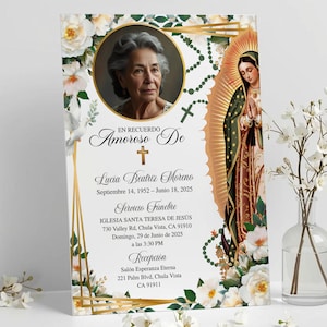 May include: A memorial card featuring a portrait of a woman, with floral and religious decorations. The card has Spanish text detailing service information. White flowers in a glass vase are in the foreground. The card's dimensions are in inches.