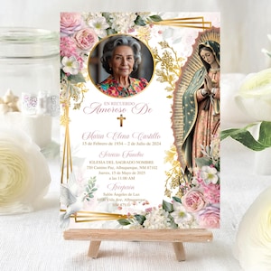 May include: A memorial card on a small wooden easel. The card features a portrait of a woman, floral and gold accents, and text in Spanish. The image includes a depiction of the Virgin Mary and a dove.
