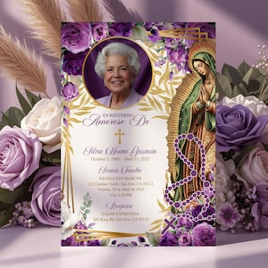 May include: A memorial card with a portrait of a woman, surrounded by purple floral arrangements. The card features text in Spanish, including the name Silvia Noemi Guzmán and dates of birth and death. A religious image is on the right.