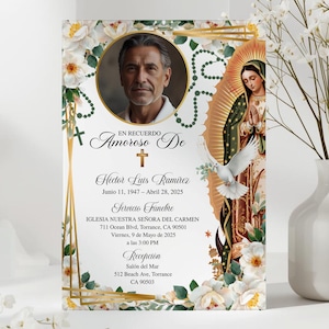 May include: A memorial card with a portrait of a man, floral and gold accents, and text in Spanish. The card features an image of the Virgin Mary and a white dove. The text includes dates, locations, and service details.