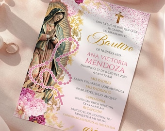 Convite Editável Bautizo Niña Rosa, Convite de Batismo Virgen de Guadalupe Espanhol Bautizo Niña, Convite Bautizo Floral Rosa Imprimível