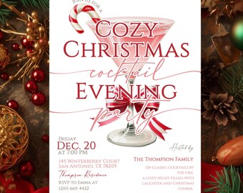 May include: A festive invitation for a Cozy Christmas Cocktail Evening Party. The design features a pink cocktail illustration, candy cane, and red ribbon. The invitation includes the date, time, location, and RSVP information.