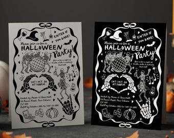 Moderne Halloween Einladung, Halloween handgezeichnete Einladung, Halloween Party Einladung, skurrile Doodles Gruselige für Halloween, Canva Vorlage 5x7