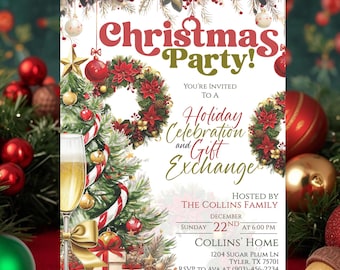 May include: A festive Christmas party invitation with the text "Christmas Party!" and "Holiday Celebration and Gift Exchange." The design includes a Christmas tree, wreath, champagne glass, and gift boxes, all set against a holiday-themed background.