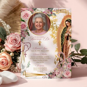 May include: A memorial card with a photo of a woman, surrounded by floral and religious imagery. The card features text in Spanish, including the name "Monica Rios" and dates. The design incorporates gold accents and a portrait of the Virgin Mary.