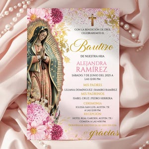 May include: A baptism invitation card with a religious theme. The card features an illustration of the Virgin Mary, floral accents, and gold embellishments. The text includes the name Alejandra Ramirez, date, time, and location.
