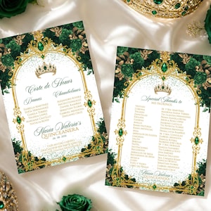 May include: Two rectangular invitation cards featuring a white center with gold ornate arch frames, emerald green floral borders, and gold crown illustrations. The text includes Corte de Honor, Damas, Chambelanes, Maria Valeria's Quinceanera, and Special Thanks to Mis Padrinos.