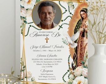 Puede incluir: Una tarjeta conmemorativa con un retrato de un hombre, rodeada de elementos florales y religiosos. La tarjeta incluye texto en español, con fechas y lugares para un servicio funerario. También se representa una paloma blanca y la Virgen María.