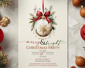 May include: A Christmas party invitation with a festive design. The invitation features a watercolor illustration of a white and gold ornament with a red bow. The text reads "merry & bright CHRISTMAS PARTY" with the date and time.