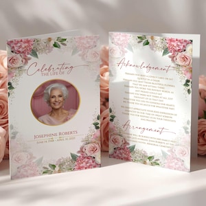 May include: A funeral program card featuring a circular photo of a woman, the text Celebrating the Life of Josephine Roberts, June 14 1948 - April 10 2025, and an acknowledgement section, all decorated with pink and white floral borders.