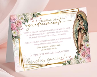Carte de remerciement pour les funérailles de la Vierge de Guadalupe Rosa, Gracias commémoratifs floraux modifiables, modèle de remerciement pour les funérailles catholiques espagnoles, Canva SF1