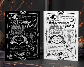 Halloween handgezeichnete Einladung, Halloween-Party Einladung Erwachsene Vintage, Halloween-Kostüm und Cocktail-Einladungen, Canva Vorlage 5 x 7 Zoll