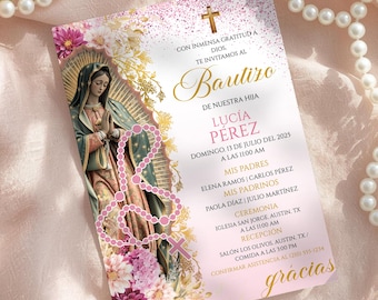Convite floral rosa espanhol Bautizo Niña, convite de batismo Virgen de Guadalupe editável menina, convite Bautizo para impressão Rosa De Niña