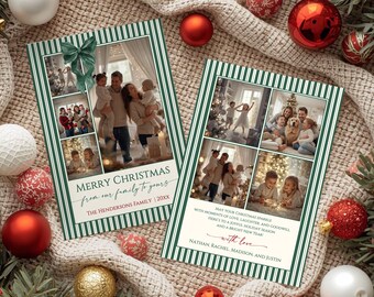 Family Christmas Picture Template, Photo Christmas Cards, Holiday Photo Card Template, Digital Download Christmas Card Green Bow Ribbon Card