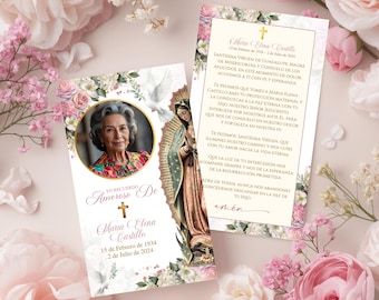 Modèle de carte de prière pour les funérailles espagnoles de la Vierge de Guadalupe, carte commémorative catholique modifiable, cartes de prière personnalisées florales Tarjetas de Oración, SF1