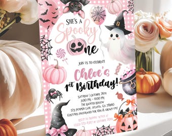 Spooky One Birthday Invitation, Halloween Party Invite, Spooky One Halloween Party Invite Girl, 1st Boo Day Digital Download Printable Canva