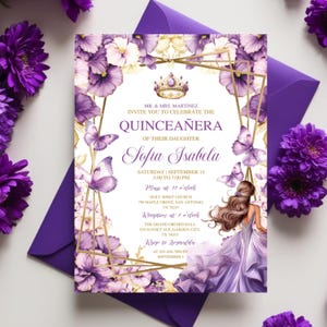 Purple Lilac Gold Butterfly Princess Quinceañera Invitation, Editable Mis Quince Años Template, Floral Invite, Purple Digital Template Canva