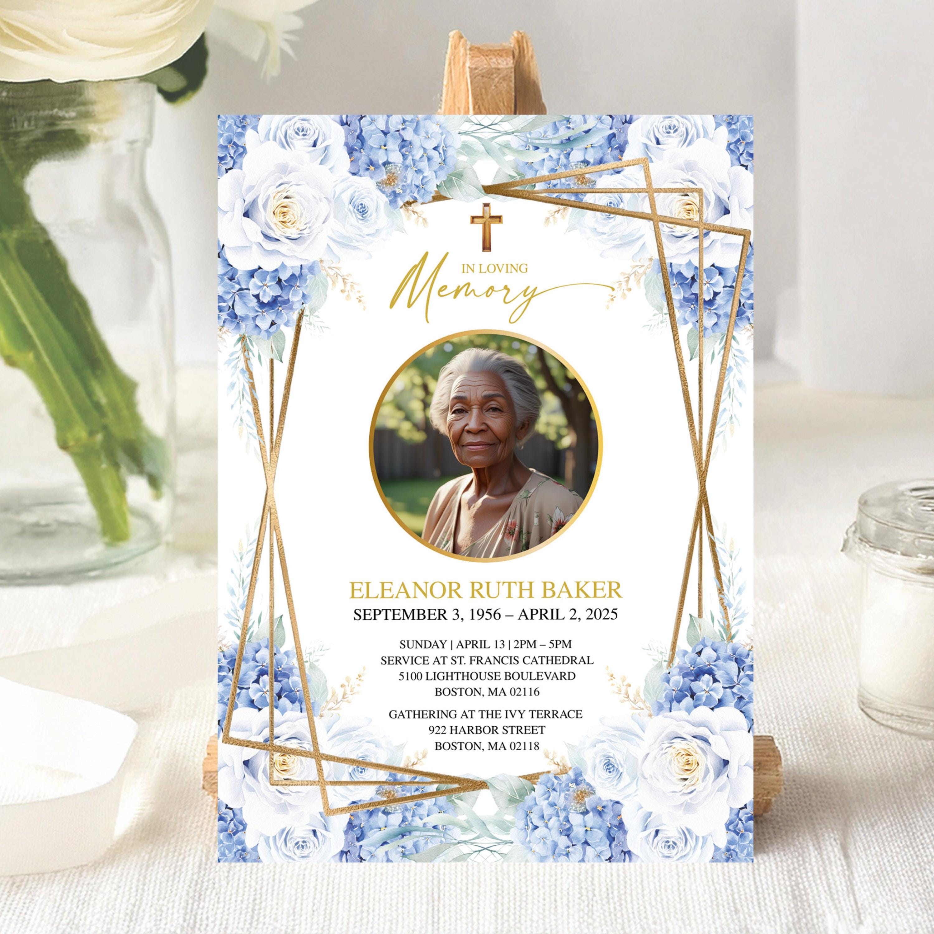 Printable Memorial Invitation, Blue Floral Funeral Announcement ...