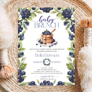 Editable Blueberry Baby Shower Invite, DIY Blueberries Baby Brunch Template, Printable Pancake Party Invitation, Boy or Girl Sprinkle Invite