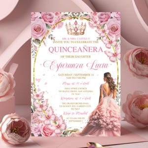 Blush Pink & Rose Gold Quinceañera, Tiara Rose, Floral Mis Quince Anos, 15th Birthday Party Template, Invitaciones De Quinceañera Gratis