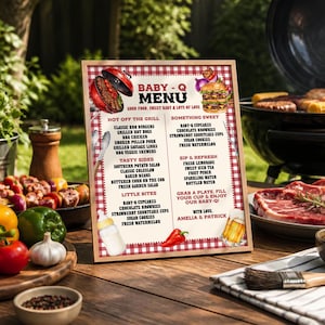 May include: A rectangular menu sign with a red and white checkered border featuring the text BABY-Q MENU, GOOD FOOD, SWEET BABY & LOTS OF LOVE, and a list of food items including burgers, hot dogs, cupcakes, and drinks, decorated with grill illustrations.