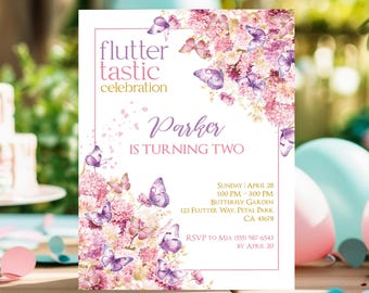 Flatterschmetterling-Geburtstagseinladung, bearbeitbare Mädchen-Party einladen, Frühlingsgarten-Thema, bearbeitbare rosa lila Schmetterlings-Geburtstagseinladung