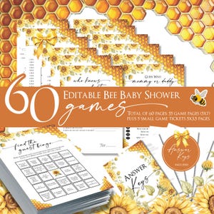 Bearbeitbares Honigbienen-Babyparty-Spielpaket, Mama zu Bee-Spielpaket, druckbare Bienen-Babypartyaktivitäten, Babypartyspielepaket CPC002