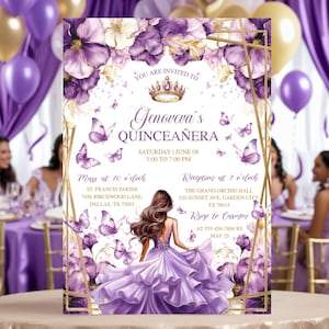 Purple Lilac and Gold Floral Quinceañera Invitation, Editable Canva Template, Butterfly Princess Tiara Invite, Mis XV Anos Fiesta Digital