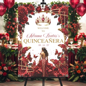 Quinceañera Welcome Poster, Burgundy Red and Gold Butterfly, Editable Tiara Sign, Mis XV Anos Poster, 15th Birthday Decor, Digital Download