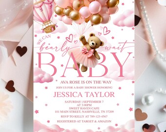 Puede incluir: Una invitación a un baby shower con un tema rosa y dorado. El diseño presenta un oso de peluche sosteniendo globos, un globo aerostático, nubes y el texto "We can bearly wait BABY". El texto adicional incluye el nombre del homenajeado, los detalles del evento y la información de RSVP.