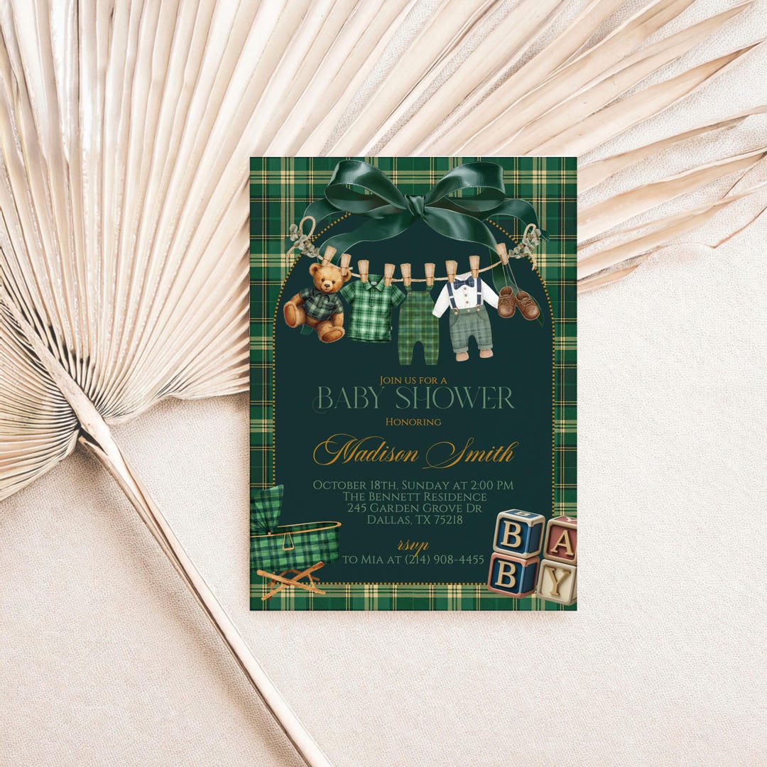 Vintage Polo Teddy Bear Baby Shower Invitation, Green Plaid Baby Boy ...