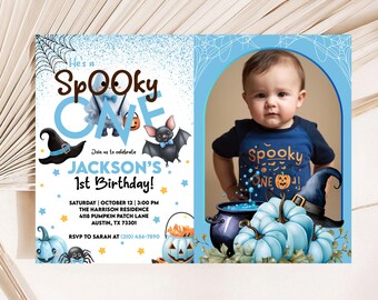 Bearbeitbare Gruselige One Blue Ghost Geburtstagseinladung mit Foto, Halloween 1st Geburtstagskind einladen Canva Vorlage, digitaler Sofort Download