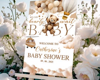 We Can Bearly Wait Baby Shower Welcome Sign Editable, Teddy Bear Balloon Poster, Neutral Boho Bear Baby Shower Party Decor Sign Printable